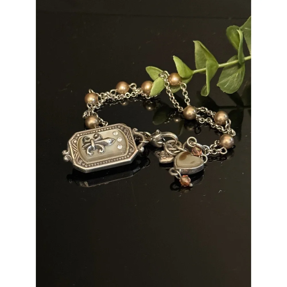 Brighton Fleur-de-Lis Mother of Pearl Heart Charm Pearl Double Strand Bracelet